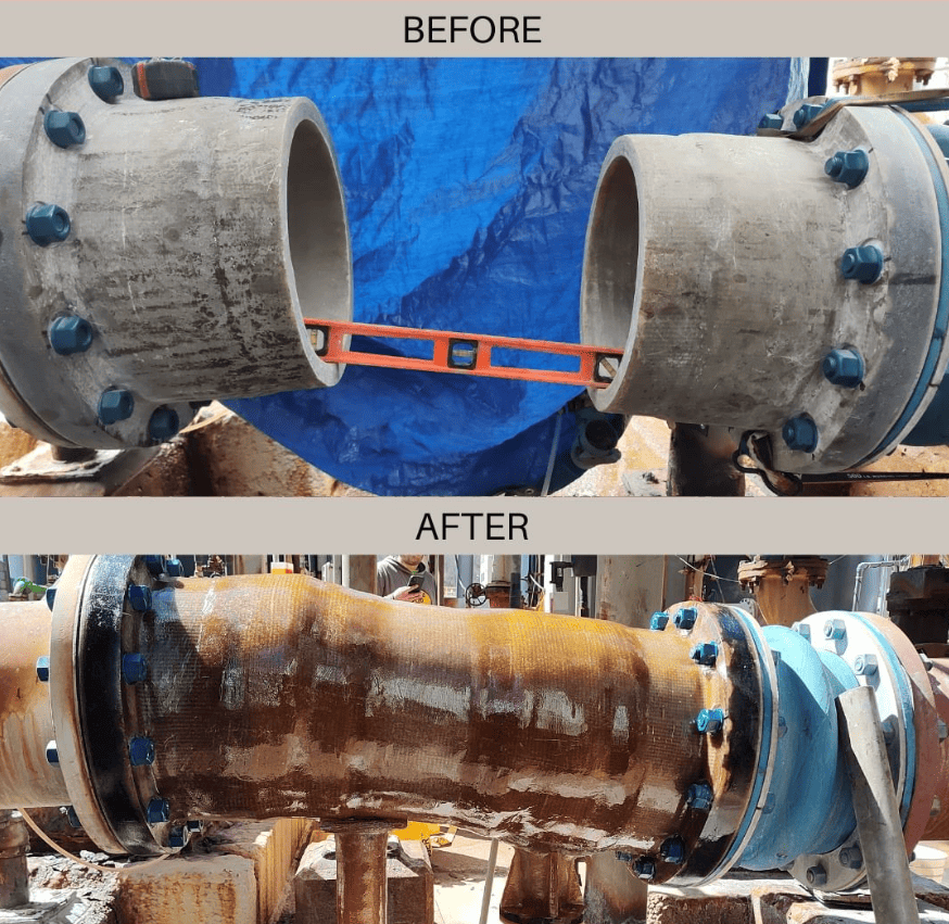 a before and after of a fiberglass pipe